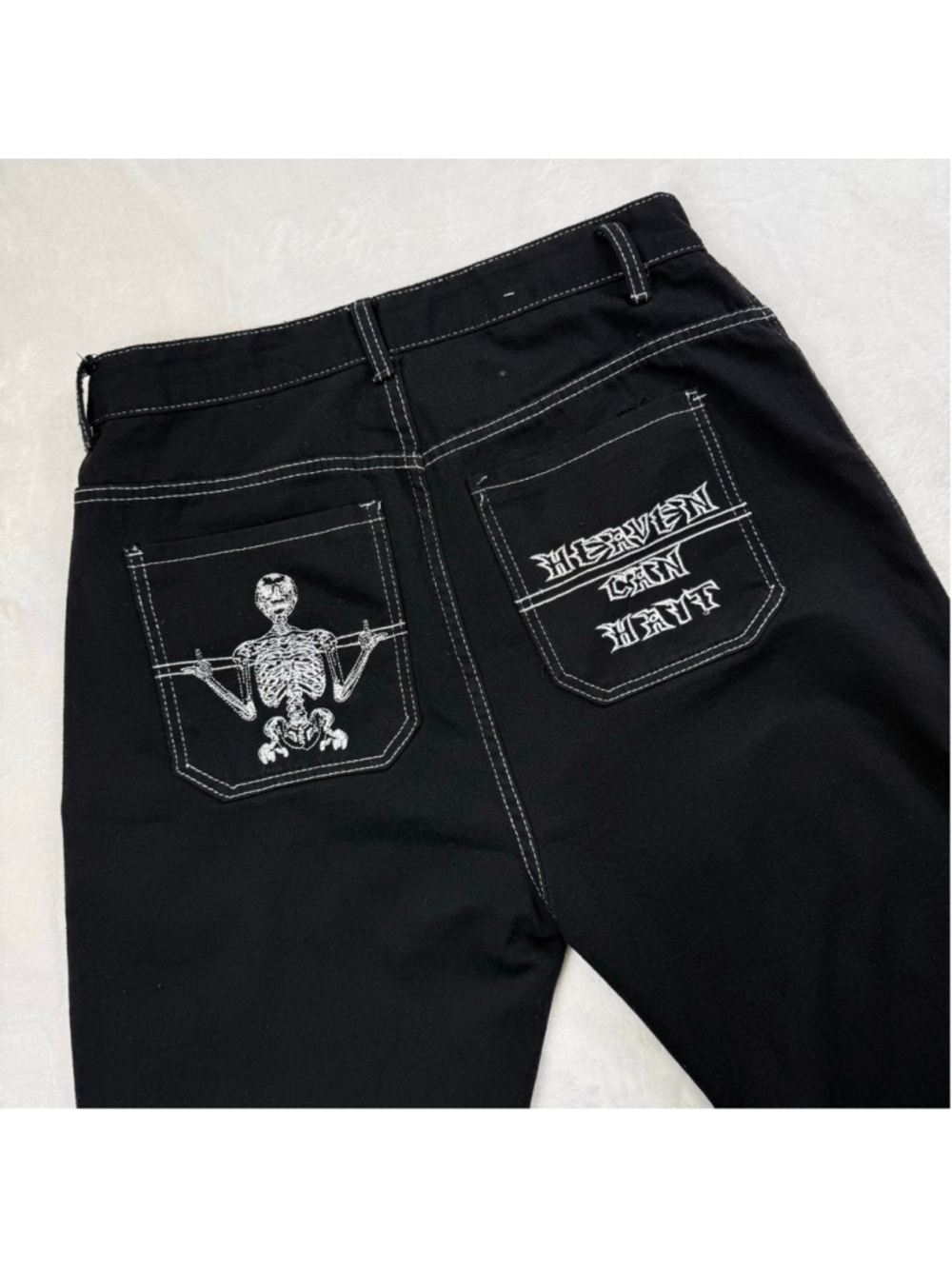 Heaven Can Wait Pink Embroidered Y2k Black Jeans Skull Skeleton Large 30x28‎